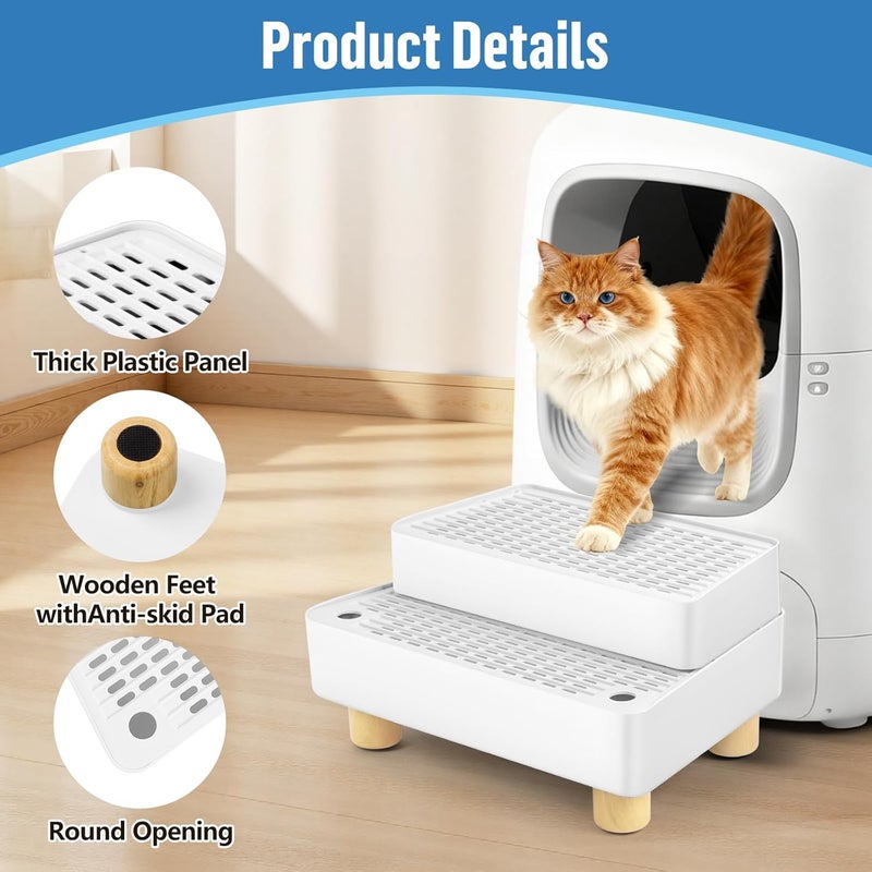 Bartuke Extra Large 2 Steps Cat Litter Box Step Ramp, Cat Litter Catcher Mat with Wooden Feet, Filter Function, Cat's Pedal Stool for Self-Cleaning Litter, Suitable Kitten & Elderly Cats (White) - Image 4